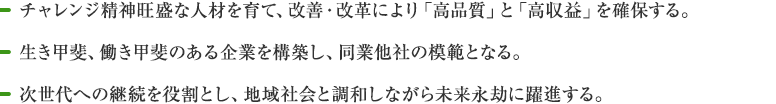 チャレンジ精神旺盛な人材を育て、改善・改革により「高品質」と「高収益」を確保する。／生き甲斐、働き甲斐のある企業を構築し、同業他社の模範となる。／次世代への継続を役割とし、地域社会と調和しながら未来永劫に躍進する。